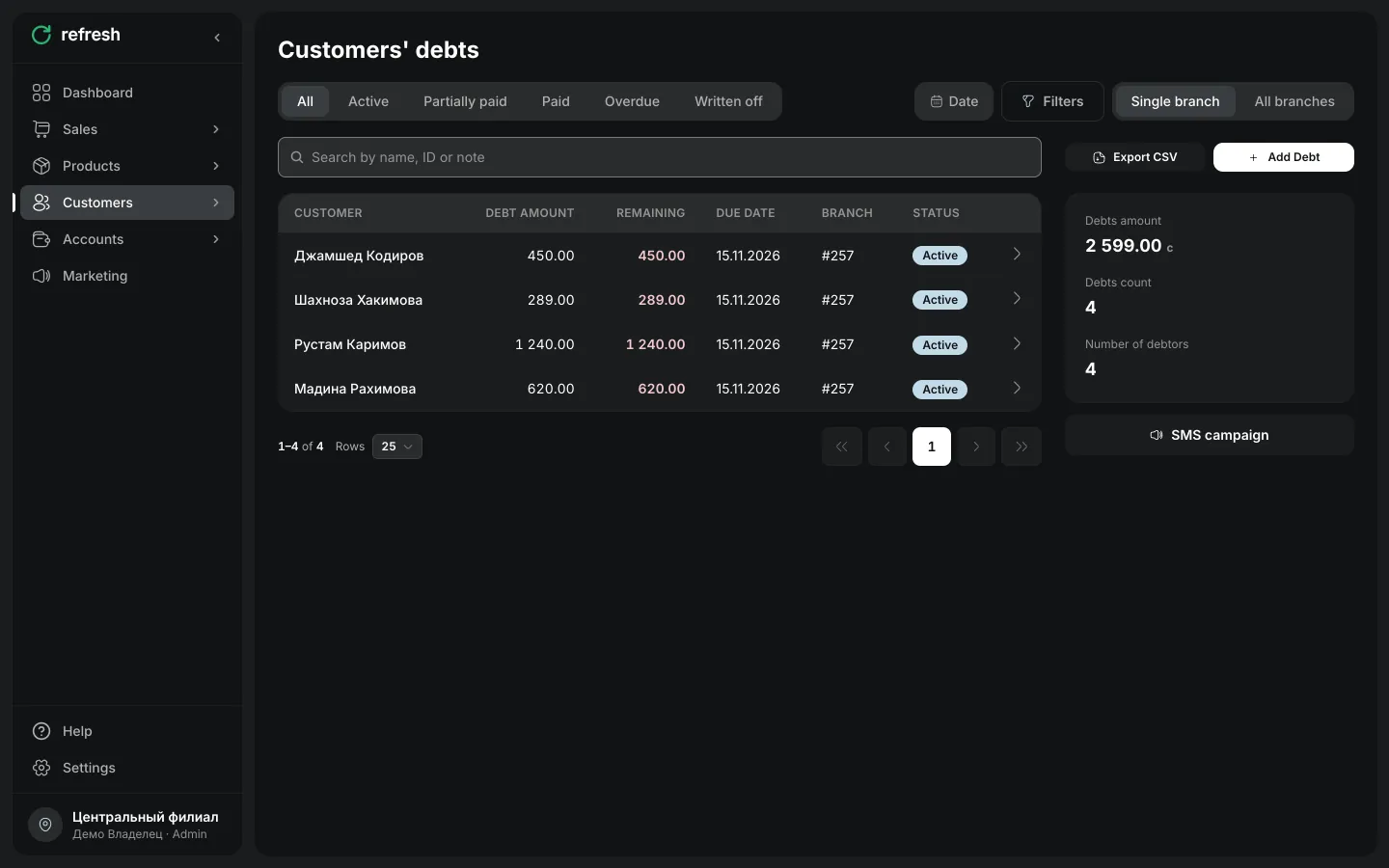 Refresh customer debt ledger: amounts, balances, due dates and statuses